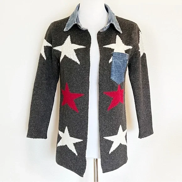 WOOL STAR PRINT CARDIGAN DENIM TRIM OPEN FRONT COLLARED SWEATER COAT GRAY Siz… - Picture 5 of 13